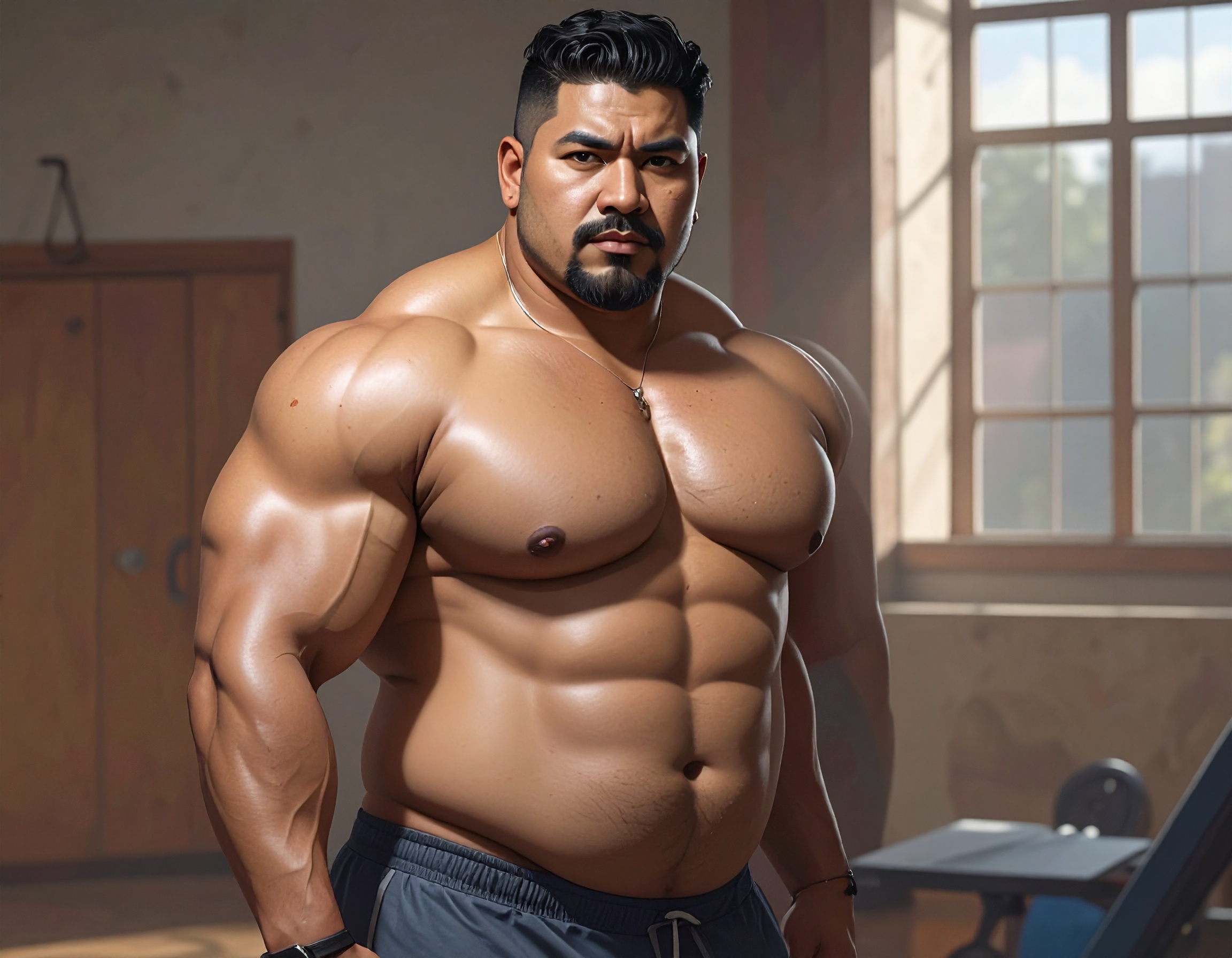 A large, bulky man with a powerful physique working out.